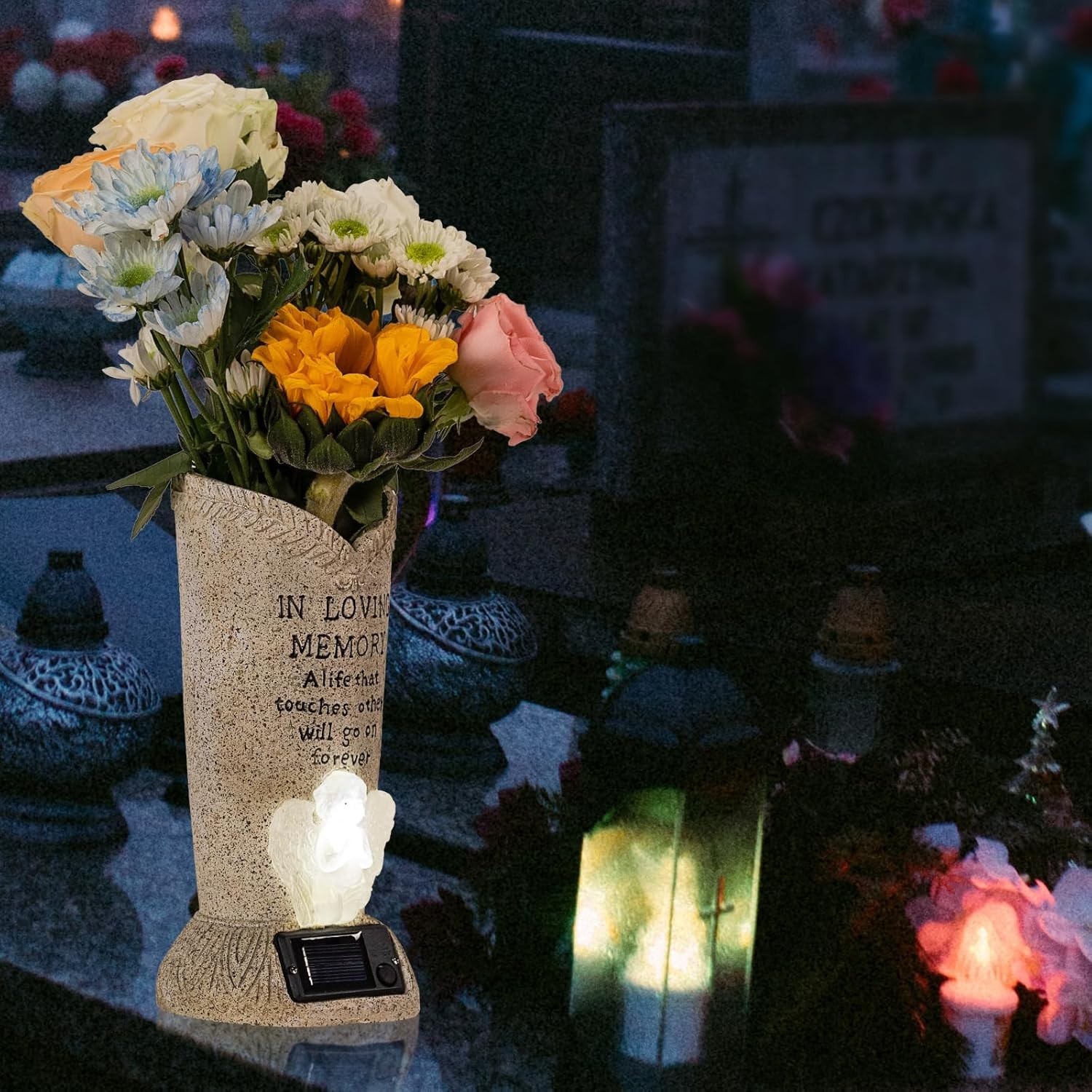 Solar Memorial Cemetery Flower Vase with LED for Fresh/Artificial Cemetery Gr…