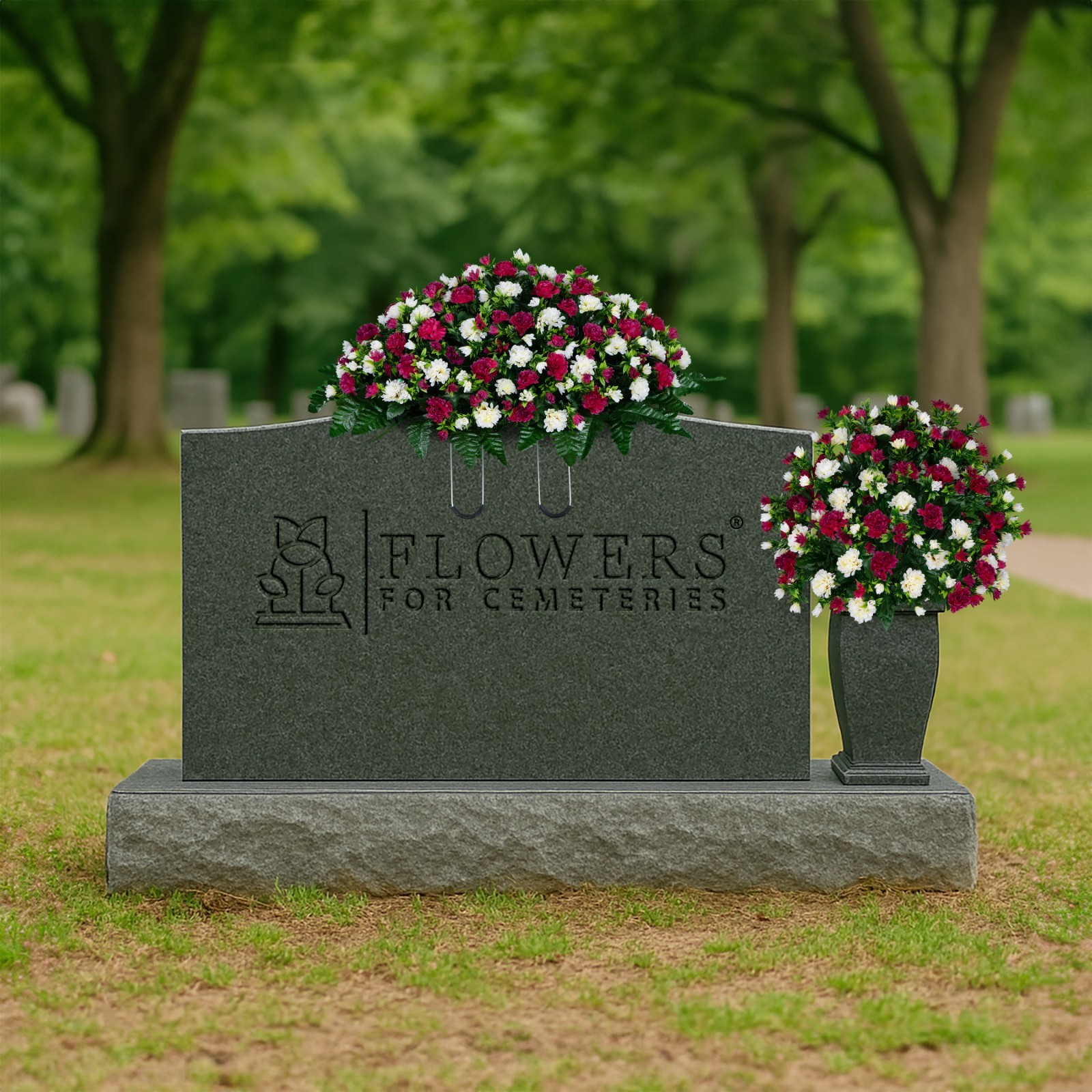 Artificial Cemetery Flowers – Beauty & Cream Garden Mums Saddle & Bouquet