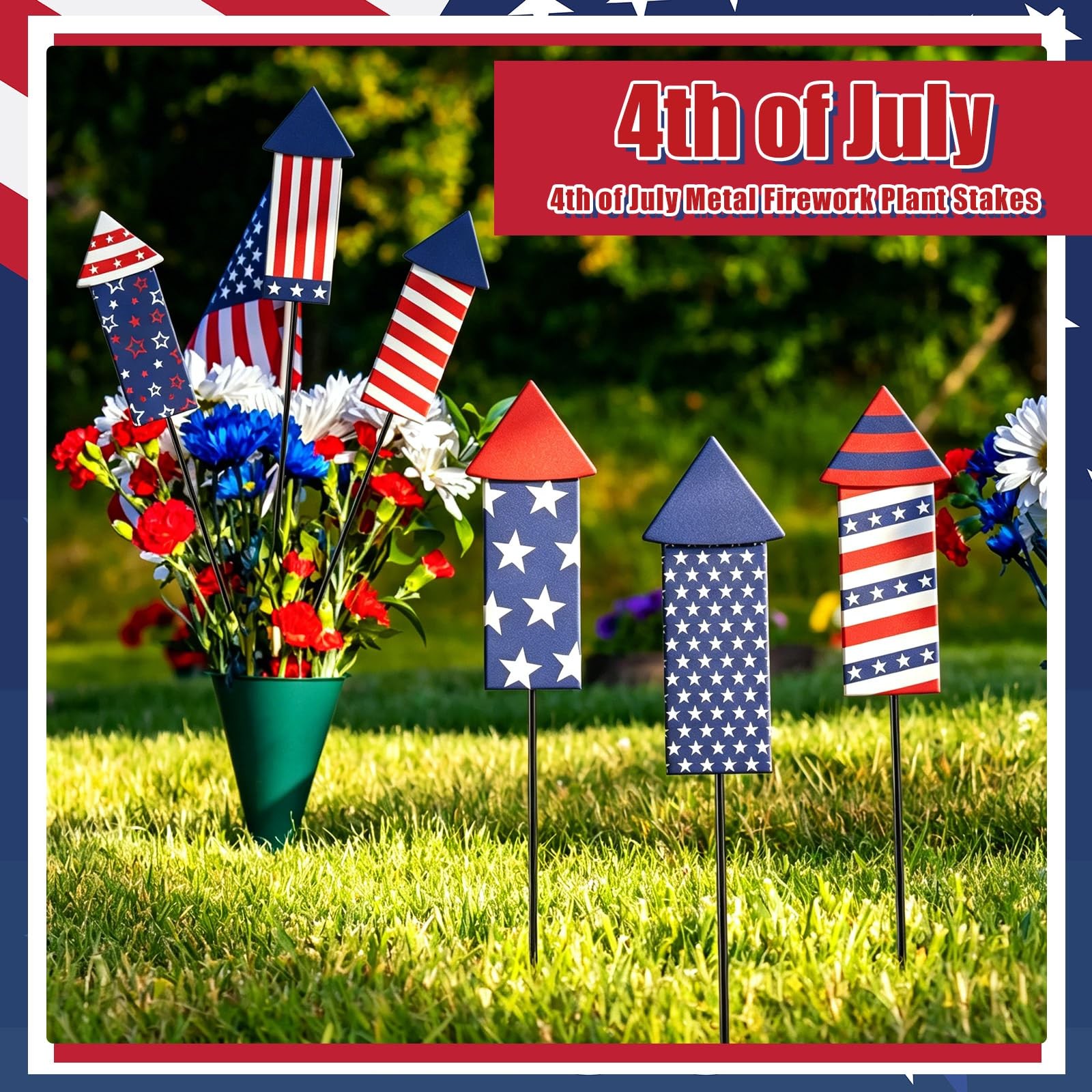 6 Pcs 3D 4th of July Metal Firework Plant Stakes 12.8 Inch Patriotic Firework…