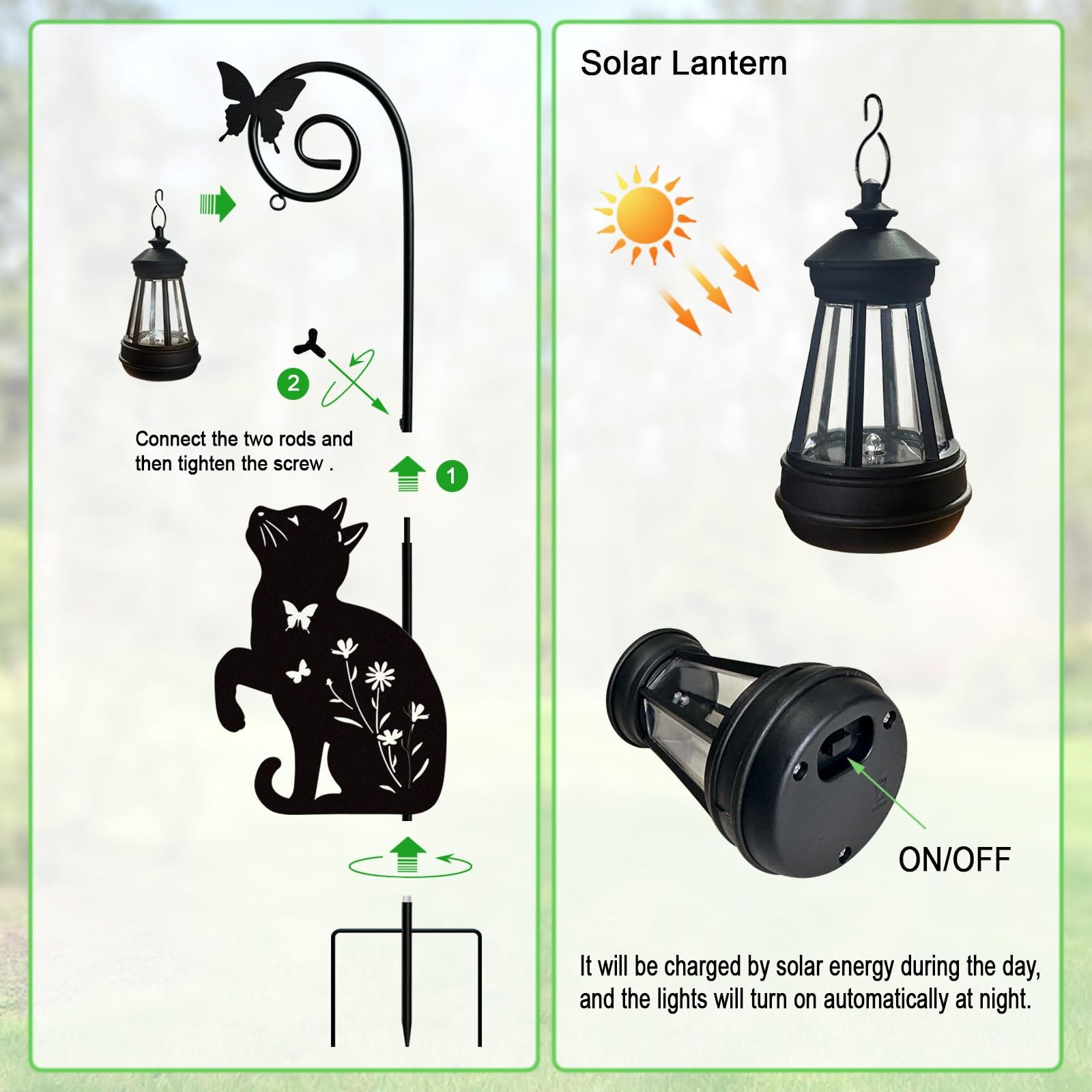 Metal Cat Stake with Solar Lights | Outdoor Garden Decor and Lawn Ornaments