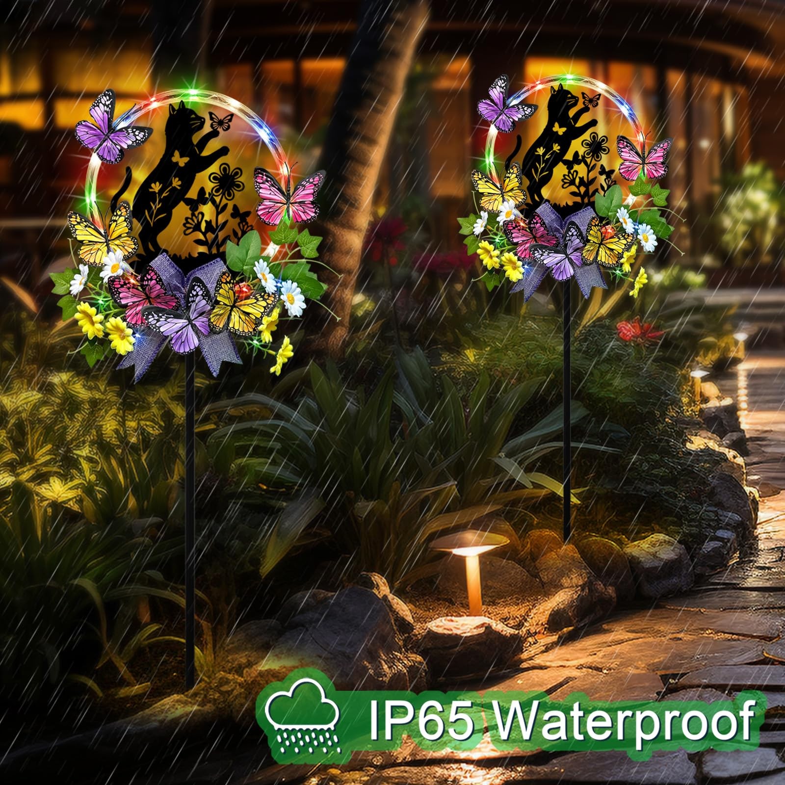Solar Cat Lights for Garden – Waterproof Stake with Butterflies, Great Gift