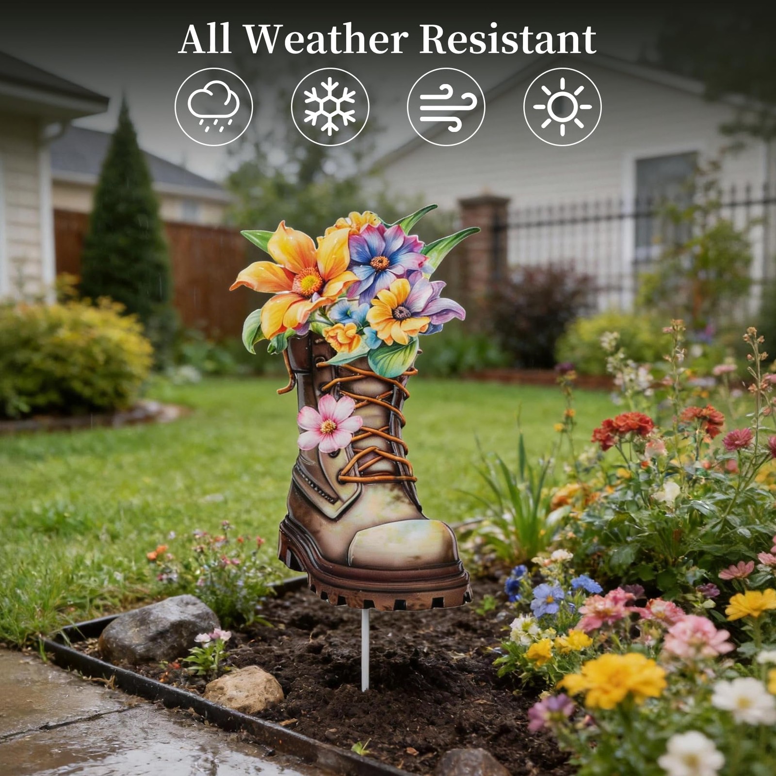 Garden Decor for Outside, 23″ Decorative Garden Stakes Metal Boot with Flower…