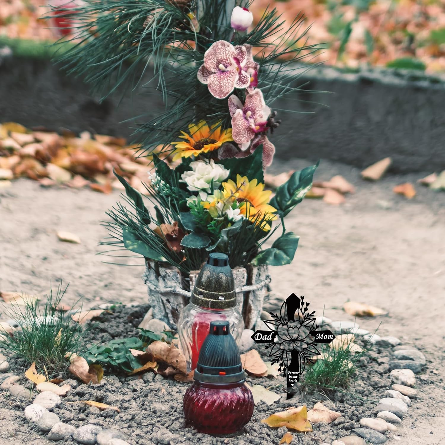 Dad and Mom Memorial Plaque Stake – Cemetery Flower Decorations – Metal Grave St