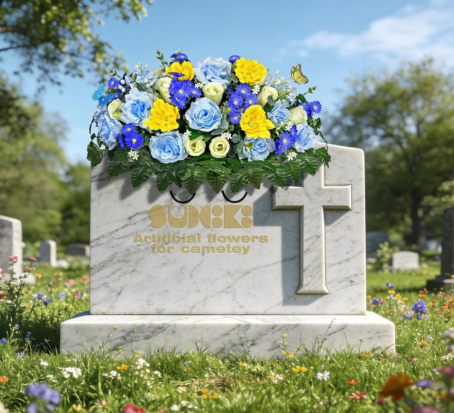 Silk Flower Saddle for Grave Decor – Blue & White Memorial Bouquet