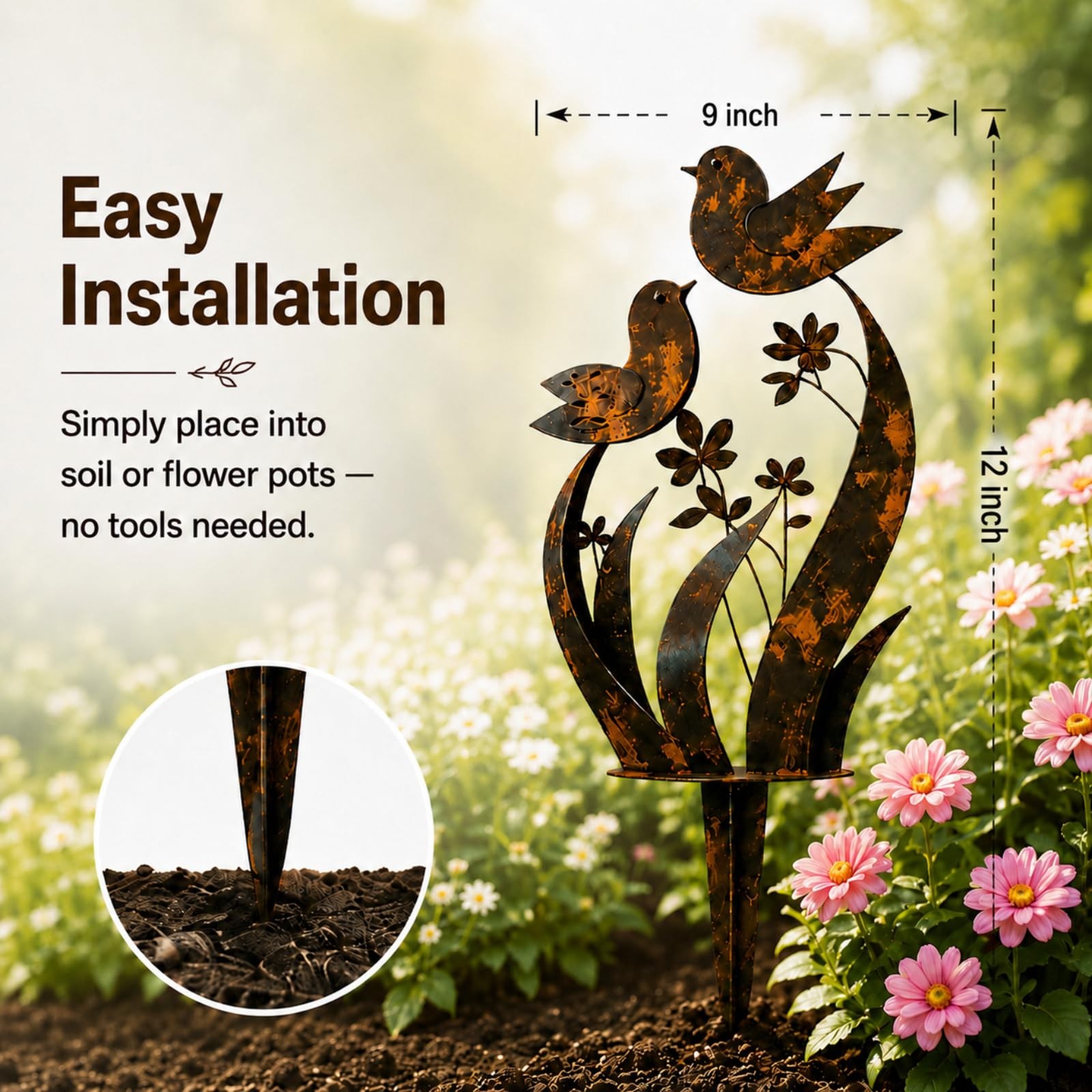 Bird & Wildflower Metal Garden Stake, Rustic Outdoor Yard Art Decor, Weatherp…