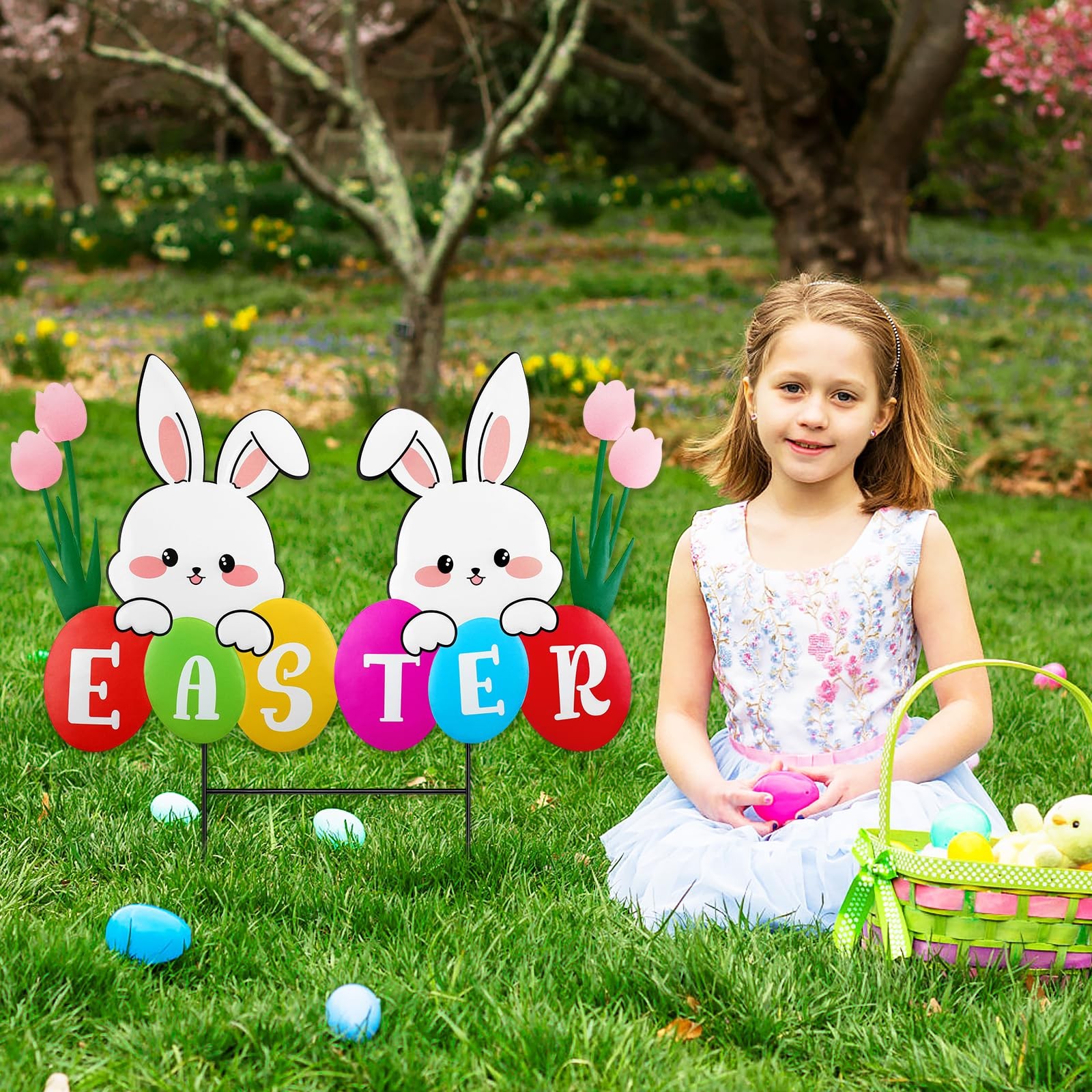 27.1inch Easter Larger Bunny Sign Yard Decoration Metal Easter Bunny Garden S…