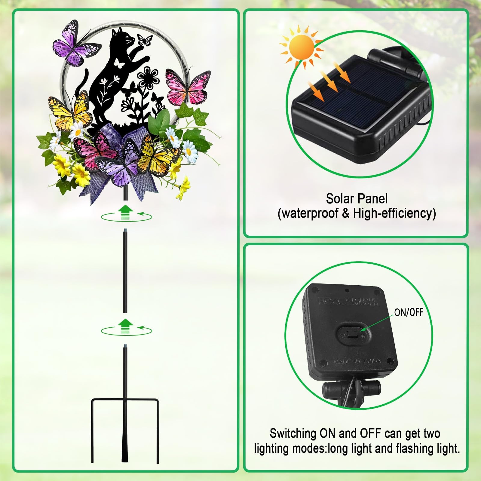Solar Cat Lights for Garden – Waterproof Stake with Butterflies, Great Gift