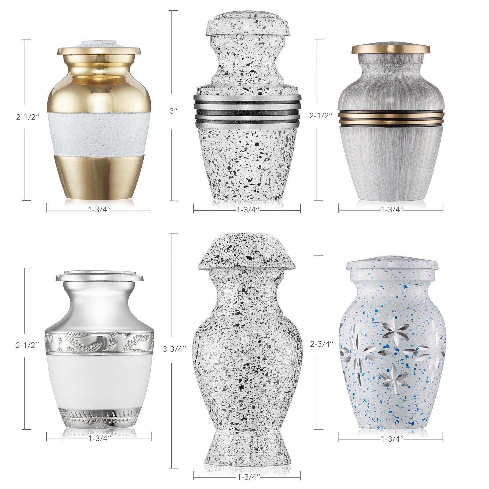 Mini Keepsake Cremation Urns for Human Ashes, Set of 6 Silver and Gold with Case
