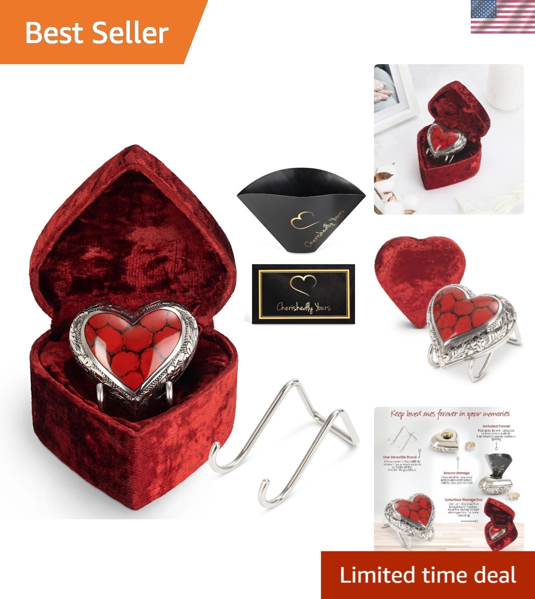 Elegant Mini Heart Shaped Brass Keepsake Urn for Cherished Ashes – Deep Red