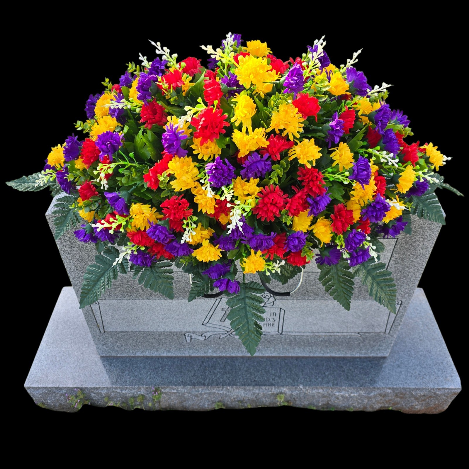 MULTI-COLORED MINI-MUM CEMETERY HEADSTONE SADDLE WITH QUALITY MEMORIAL FLOWERS