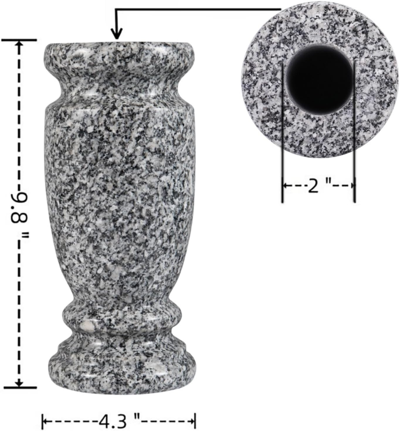 Gray Granite Cemetery Vase for Grave, 4.3″ W X 9.8″ H | Gray Granite, Side Drain