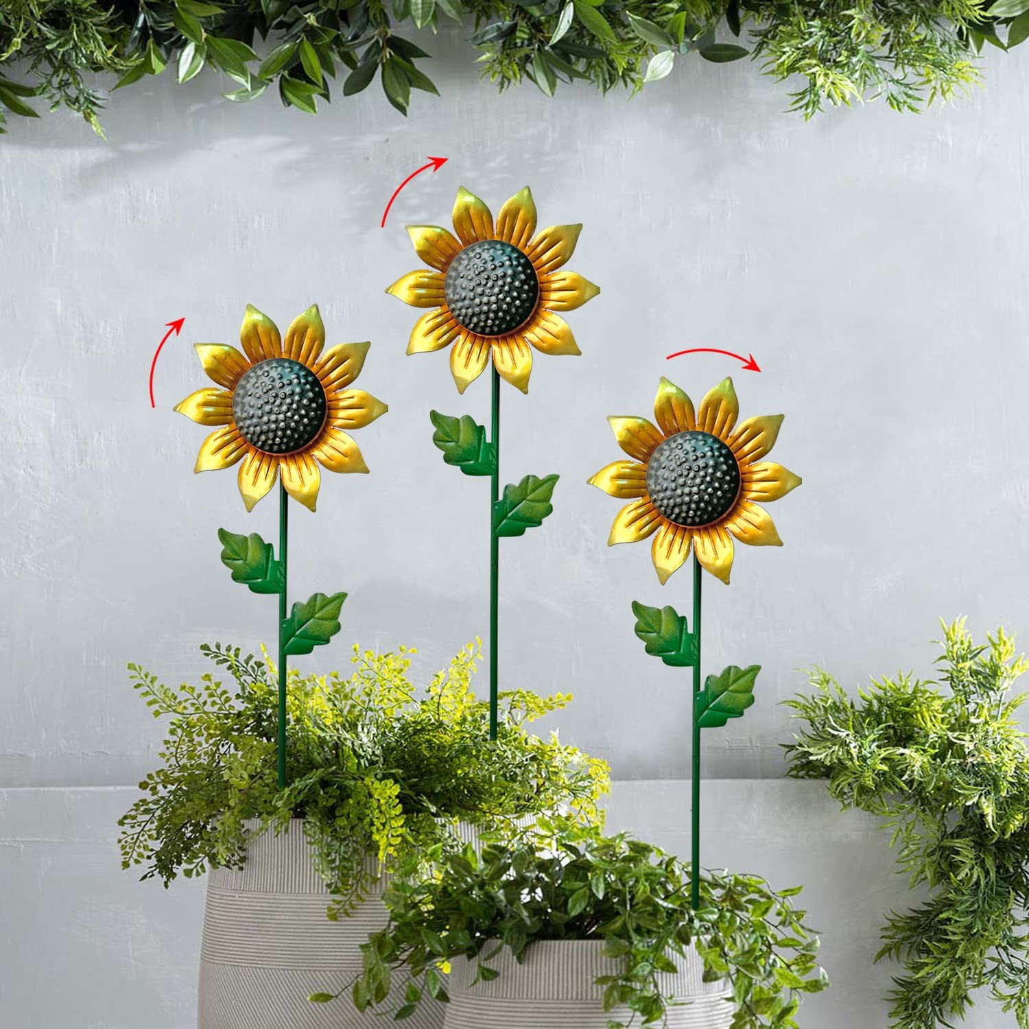 Garden Wind Spinner Stakes Set of 3 Metal Sunflower Yard Decor