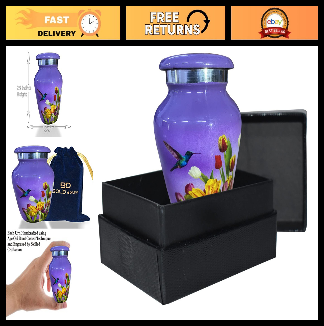 Handcrafted Hummingbird Cremation Urn for Adults – Large Burial Urn for Ashes, P