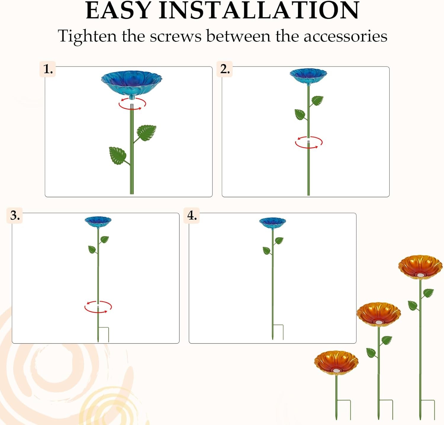 4-Pack Bee Watering Stations & Baths, Metal Flower Garden Stakes, Outdoor Decor