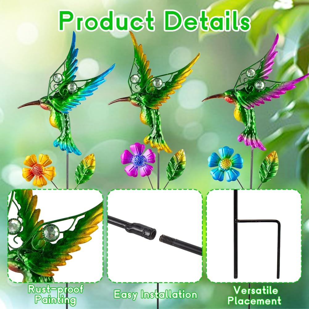 3 Pcs Hummingbird Decorative Garden Stakes for Outdoor Decor
