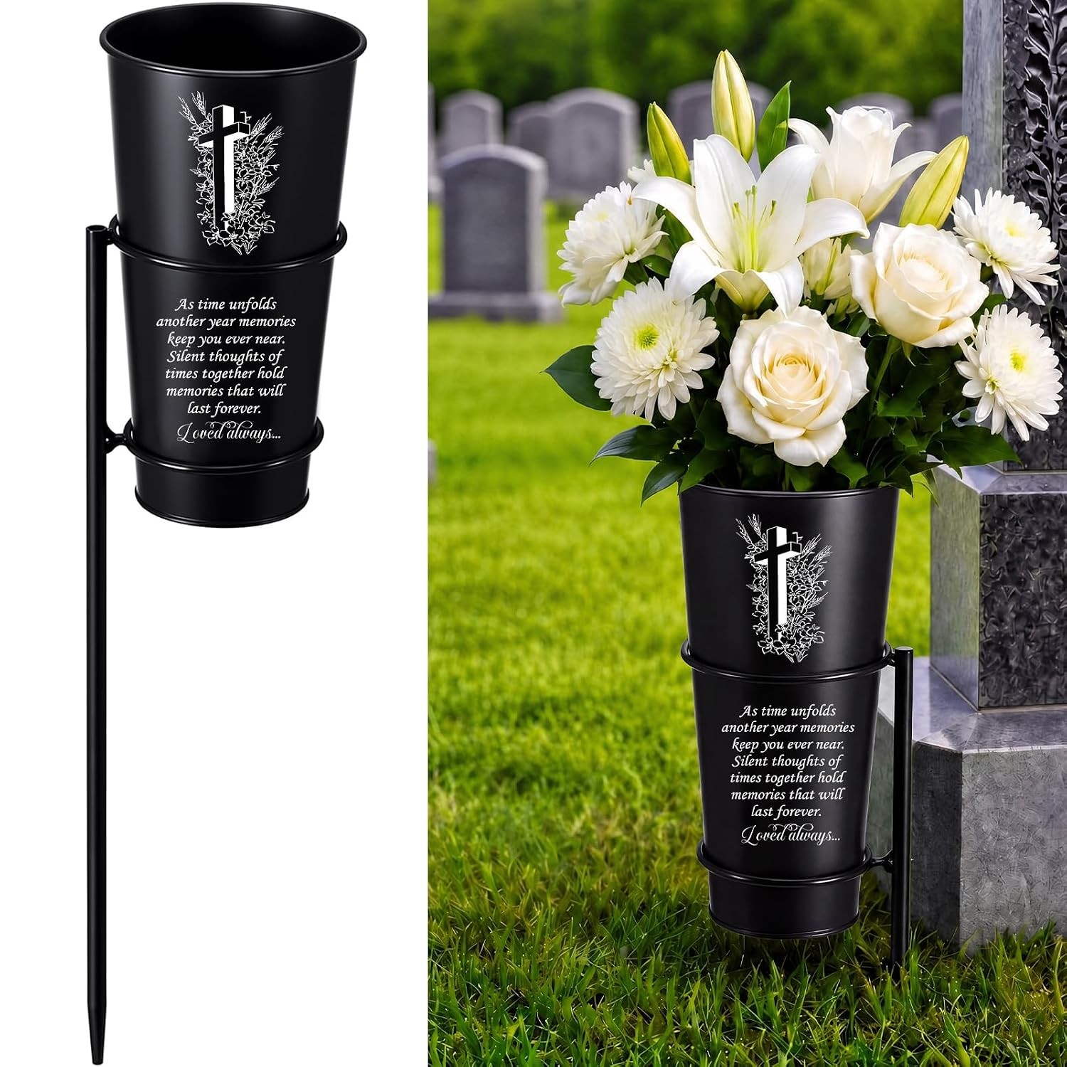 Metal Cemetery Vase Grave Flower Holder with 13.6″ Spike in Ground Cross Memoria