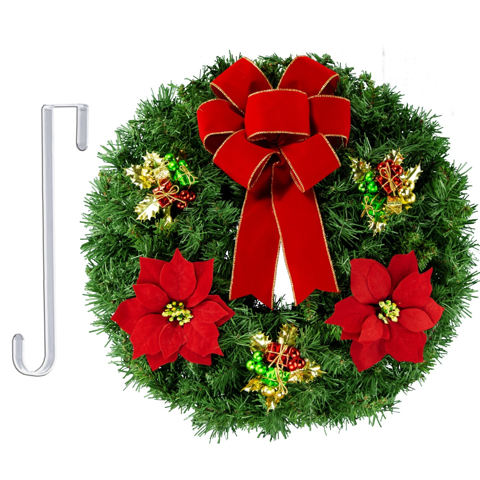 Artificial Wreath – Red Poinsettias & Holiday Ornaments with Bow & Door Handle