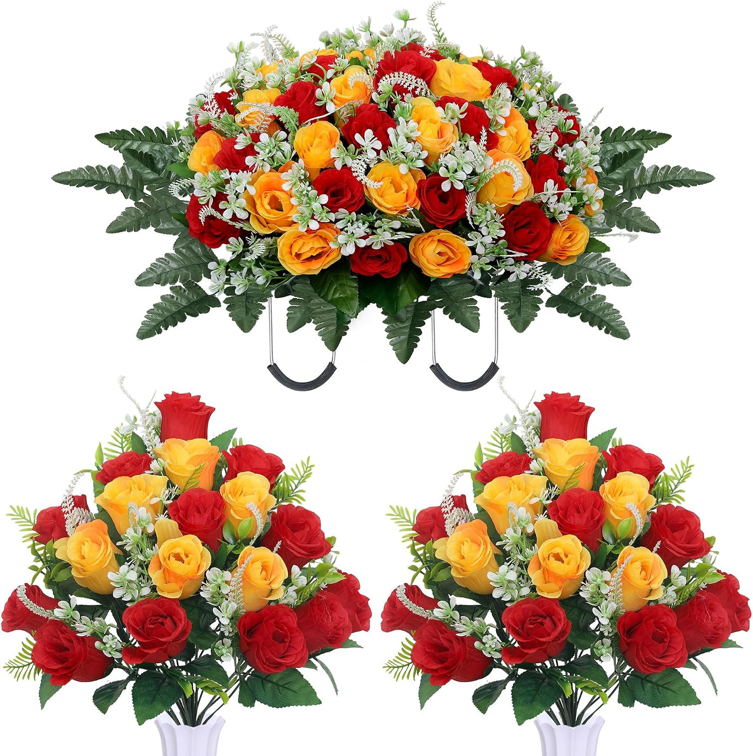 3pcs Headstone Flowers Saddle for Tombstone,Cemetery Flower Memorial Bouquet wit