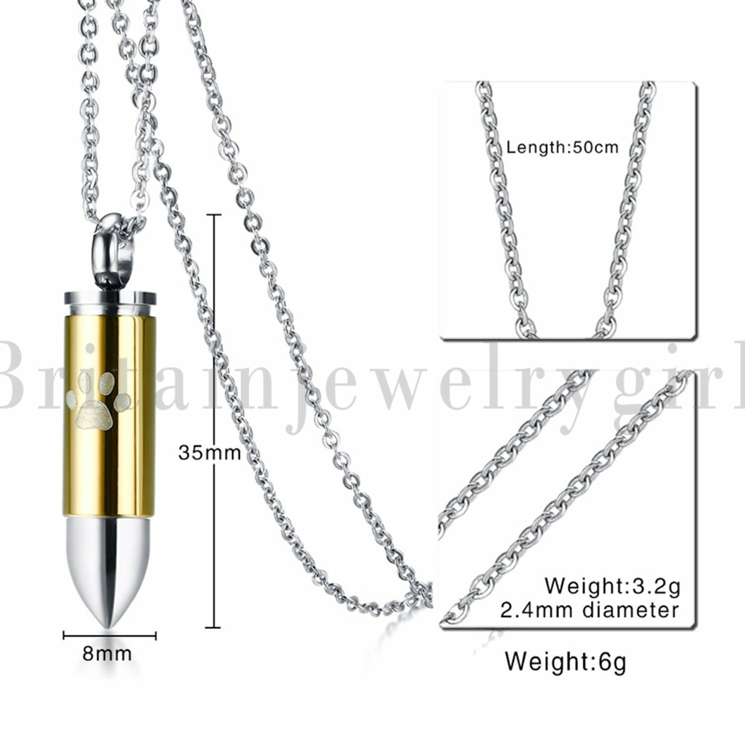 2pc Stainless Steel Bullet Pendant Necklace Cremation Pet Ash Urn Holder Dog Paw