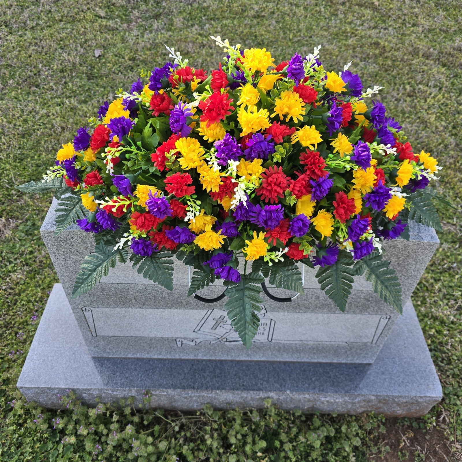 MULTI-COLORED MINI-MUM CEMETERY HEADSTONE SADDLE WITH QUALITY MEMORIAL FLOWERS