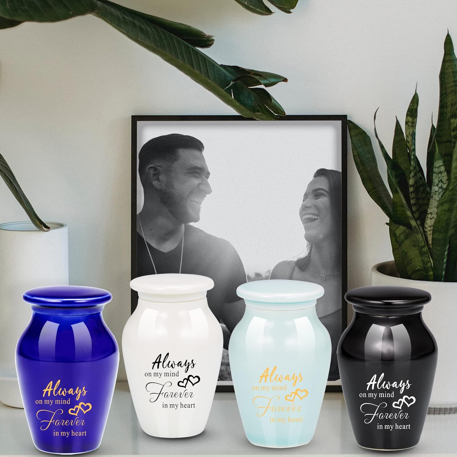 4Pcs Small Ceramic Black Letter Print Cremation Urns – Always on My Mind Forever