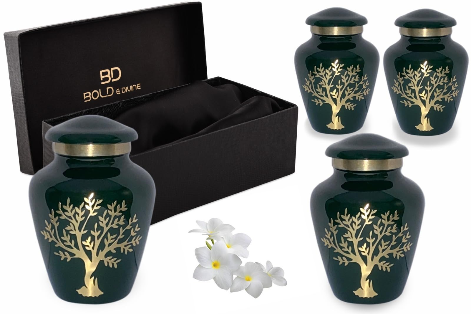 Tree of Life Keepsake Urns – 4 Small Dark Green Decorative Urns for Ashes