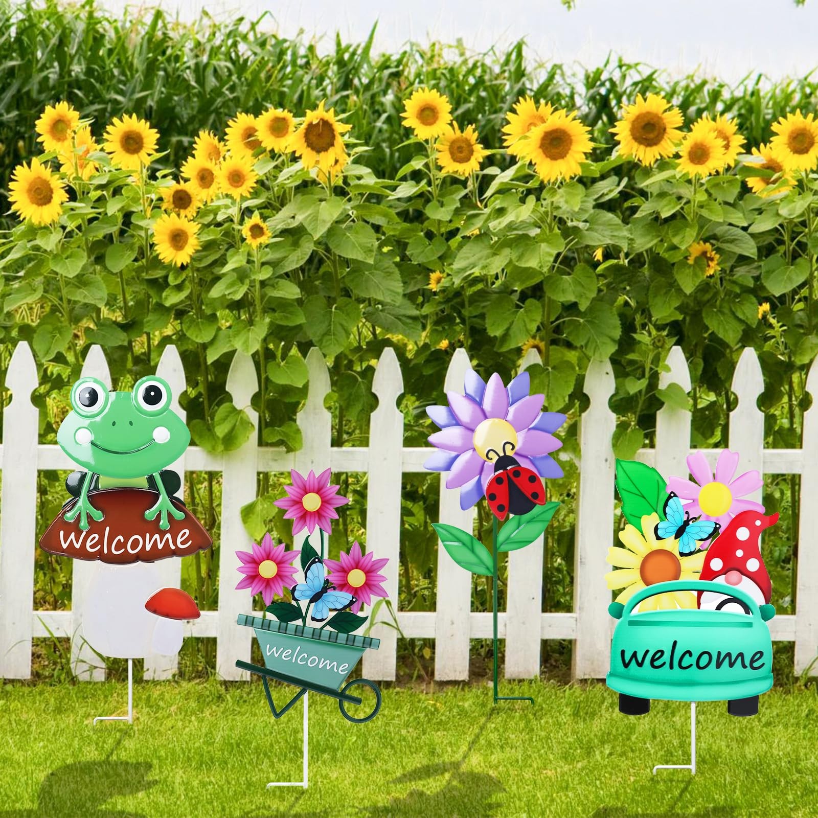 Decorative Garden Stakes Set – 4 Metal Yard Signs for Spring Outdoor Decor