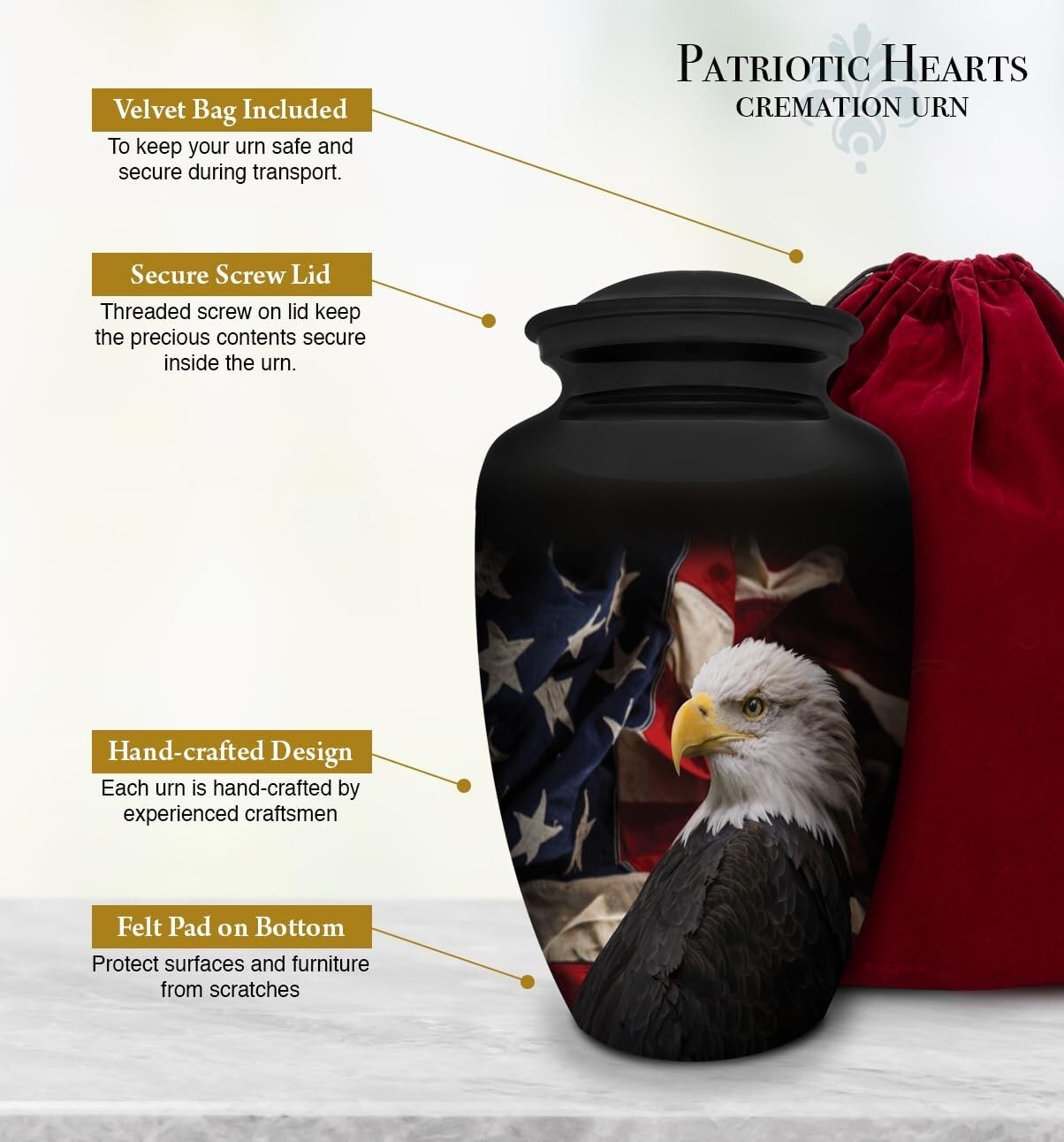 Beautiful Handmade Cremation Urn with Eagle and Flag – Secure & Durable Design