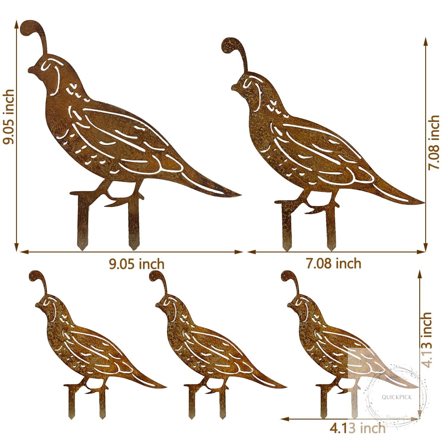 5PCS Rusty Quail Family Decorative Garden Stakes, Metal Birds Yard Decor, Bird