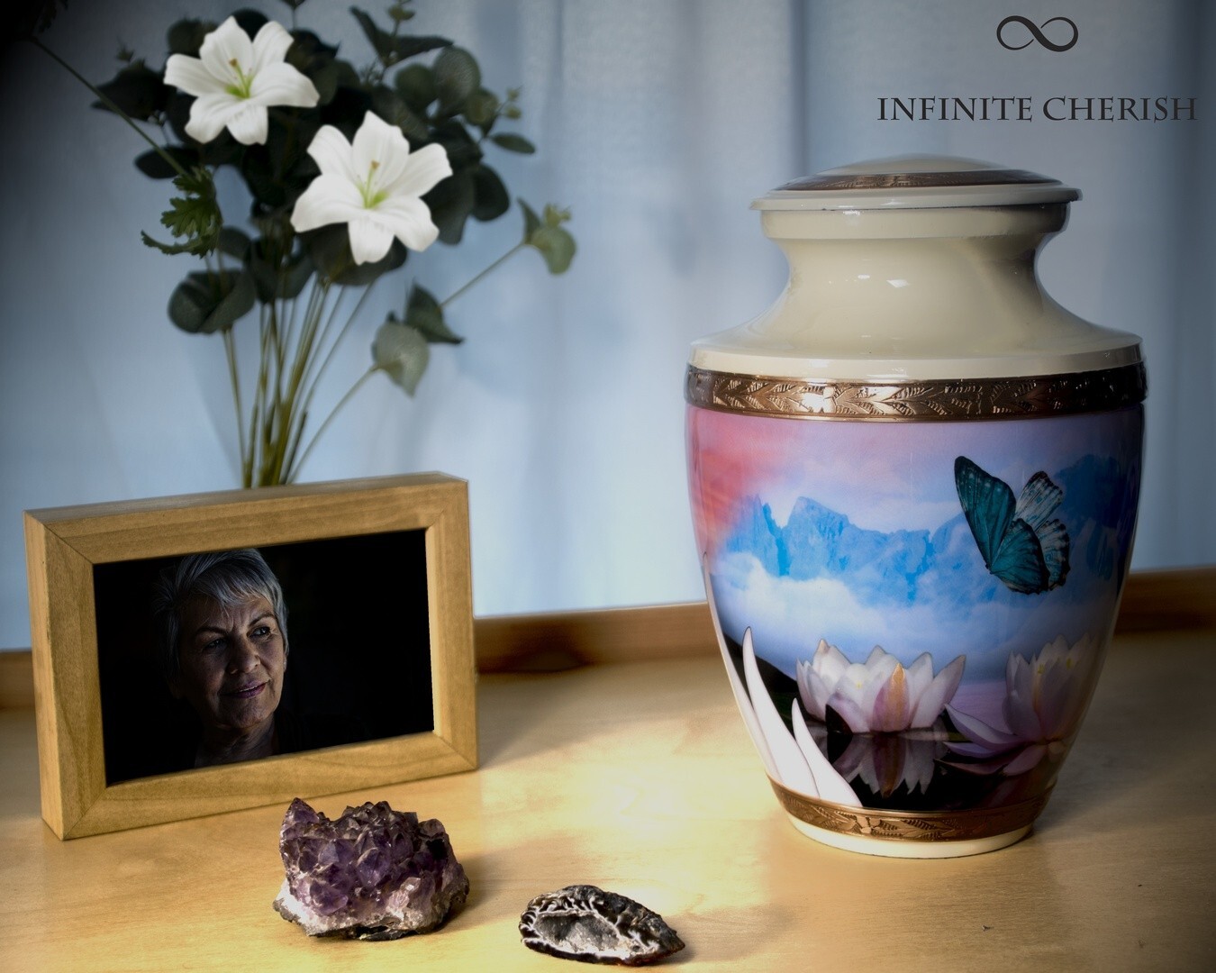 Blue Butterfly on a Cream Cremation Urn for Human Ashes | Polished Metal Flower