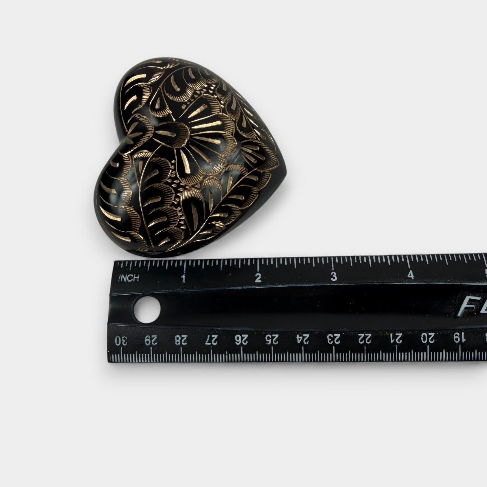 Crescent Memorial Heart Urn – Black Painted Brass w/ Gold Etching – Velvet Box