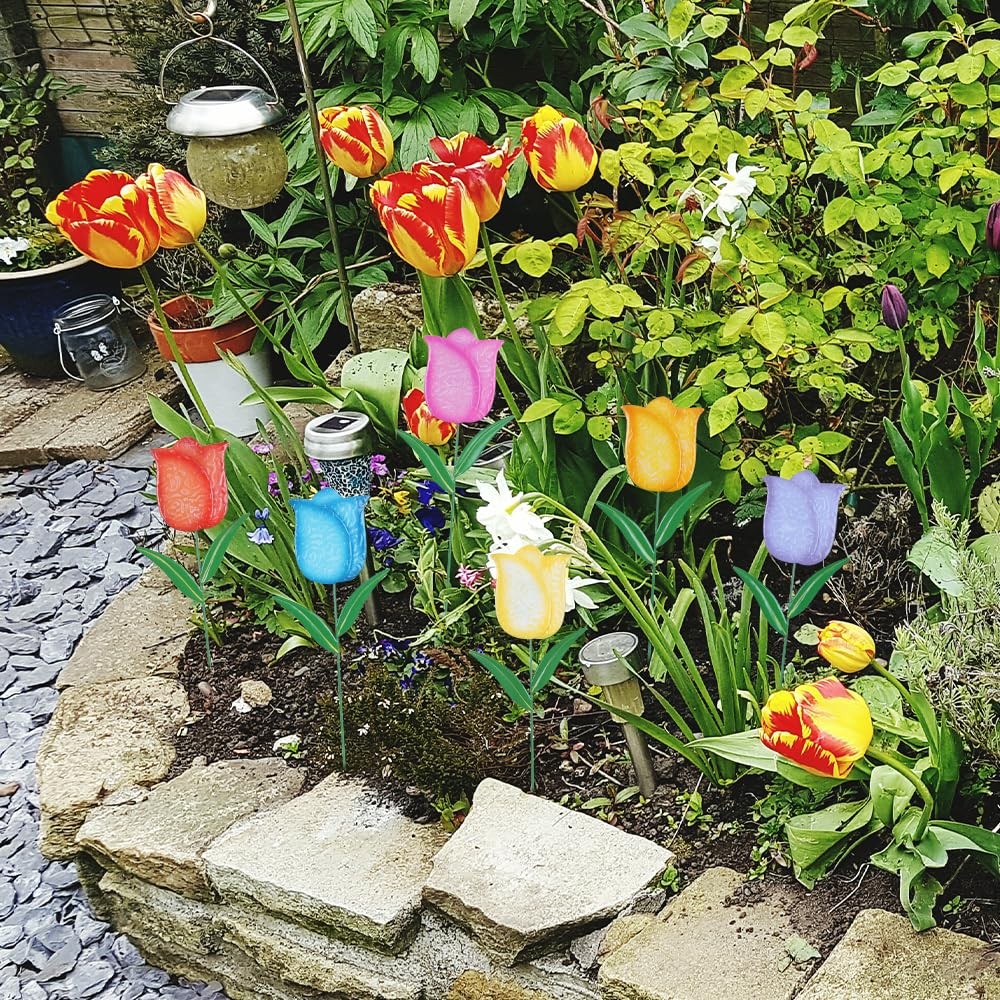 Metal Tulip Flower Stakes Set of 6 Decorative Garden Decor for Outdoors