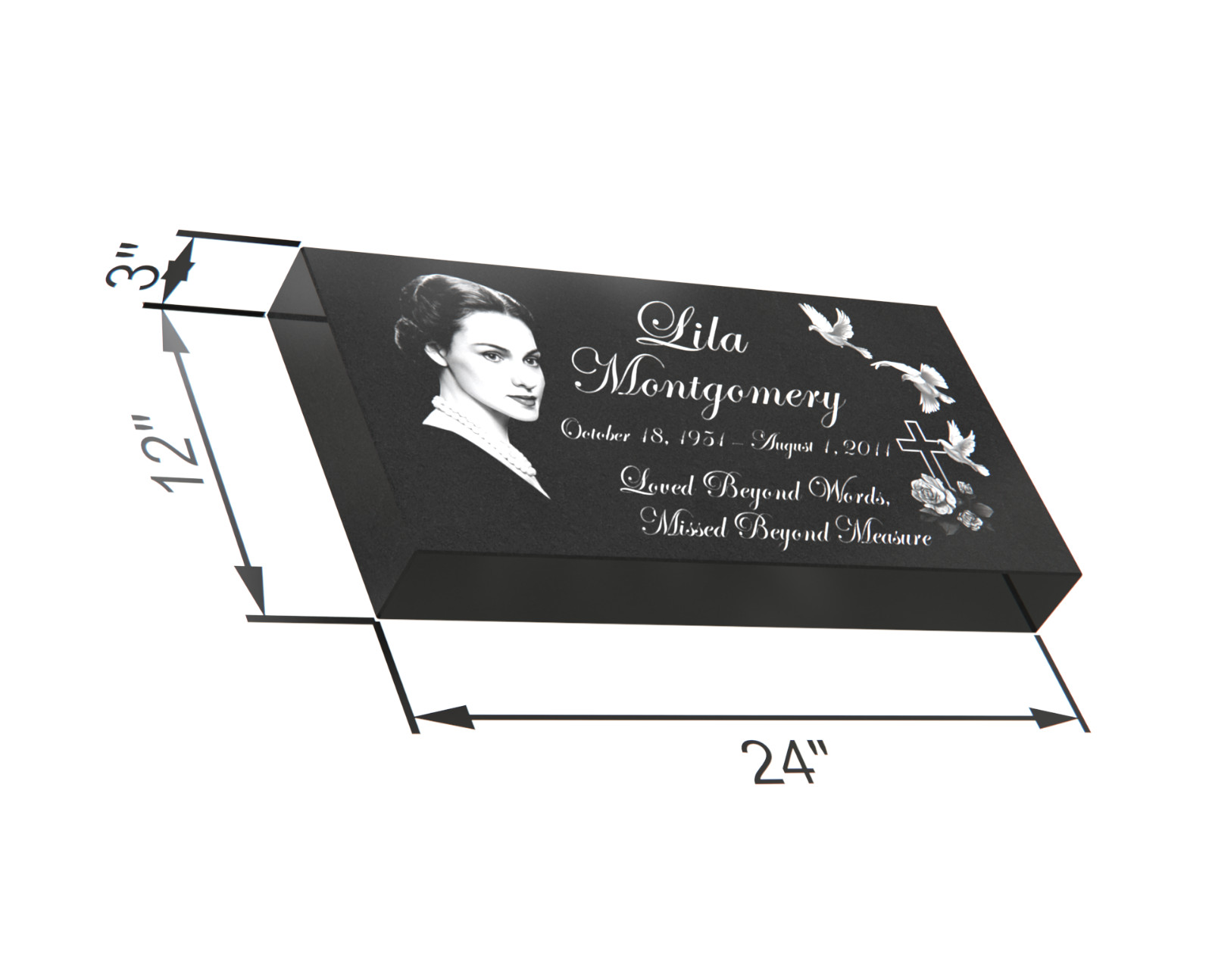Custom Engraved Black Granite Headstone 24x12x3 – Flat Grave Marker With Cross