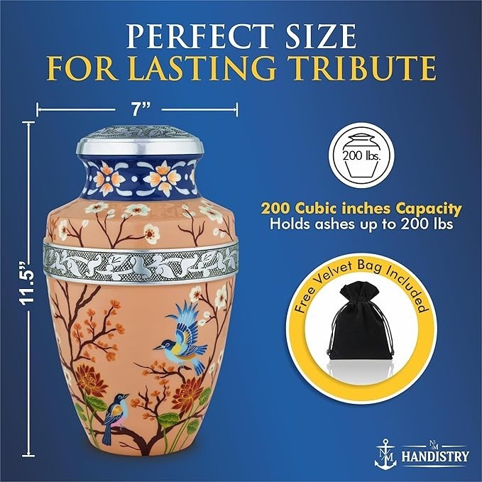 Adult Cremation Memorial Urn for Human Ashes Peach & Blue w/ Birds Floral Design