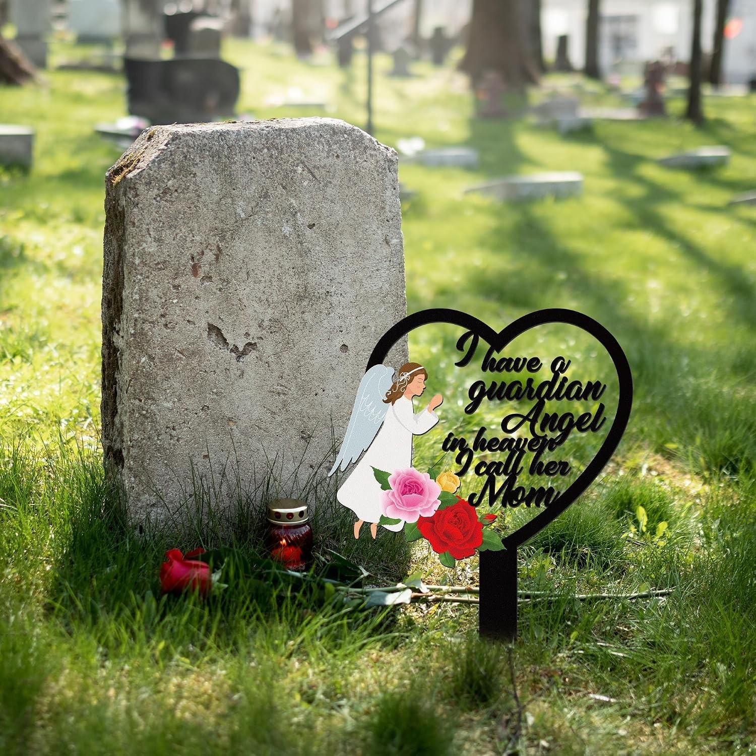 Durable Mother Heart Grave Marker with Guardian Angel Design for Outdoor Tribute