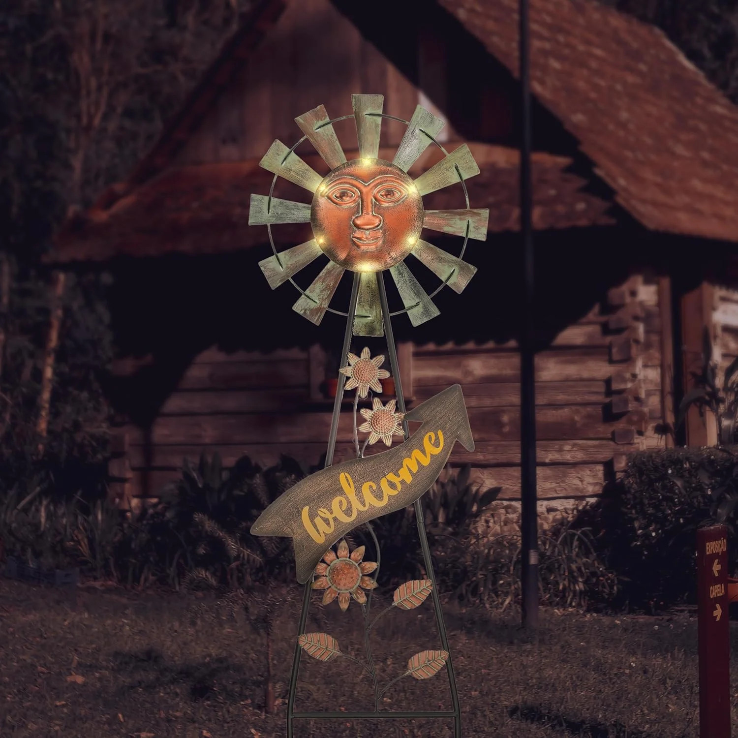 Fathers Day Gift Solar Garden Lights Wind Spinner Outdoor Metal Sun Face Decor