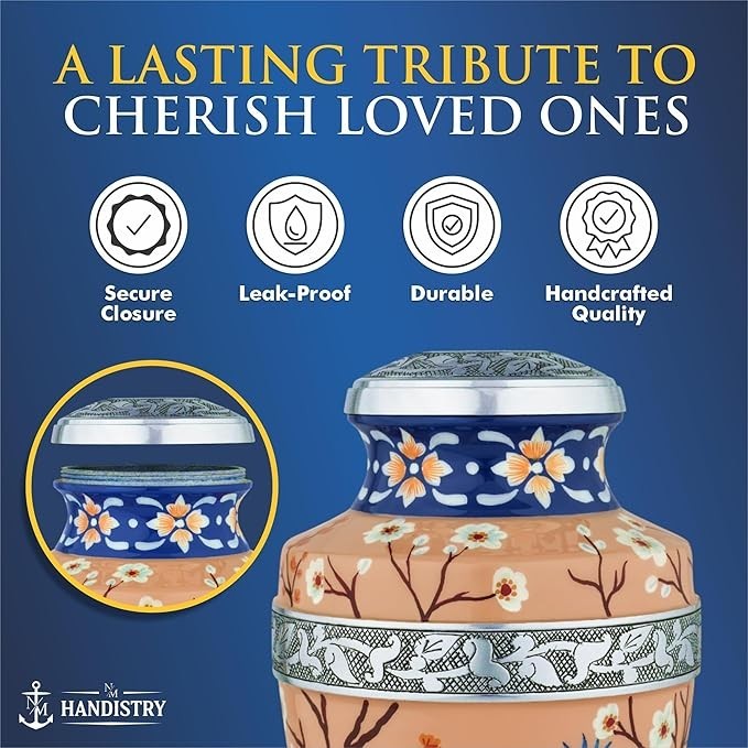 Adult Cremation Memorial Urn for Human Ashes Peach & Blue w/ Birds Floral Design
