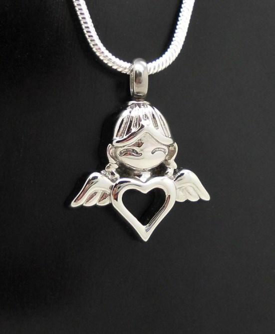 Silver Angels Love Heart Wings Design Keepsake Cremation Memorial Urn Pendant