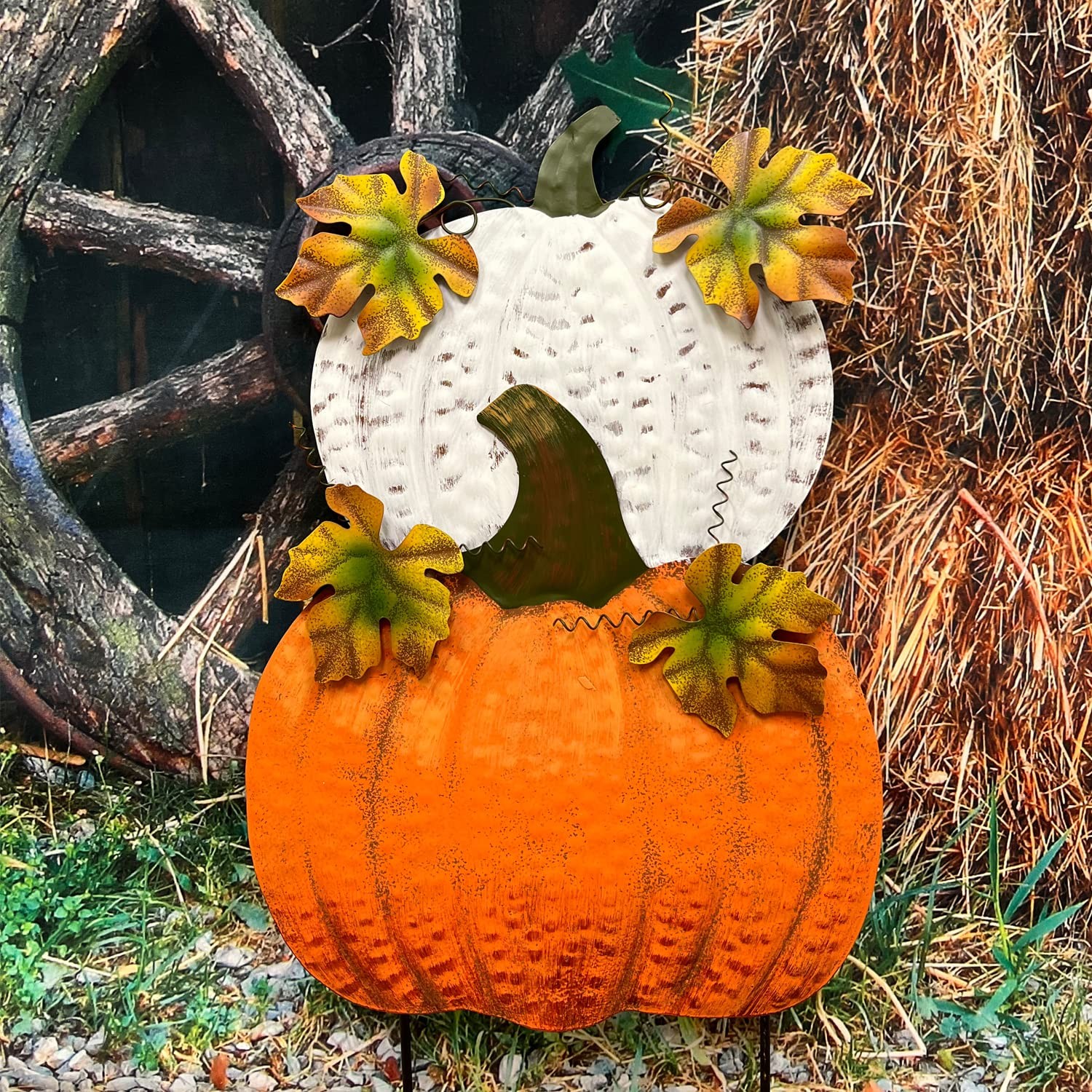 Set of 2 Rustic Metal Stacked Pumpkin Garden Stake Indoor Outdoor Welcome Dec…