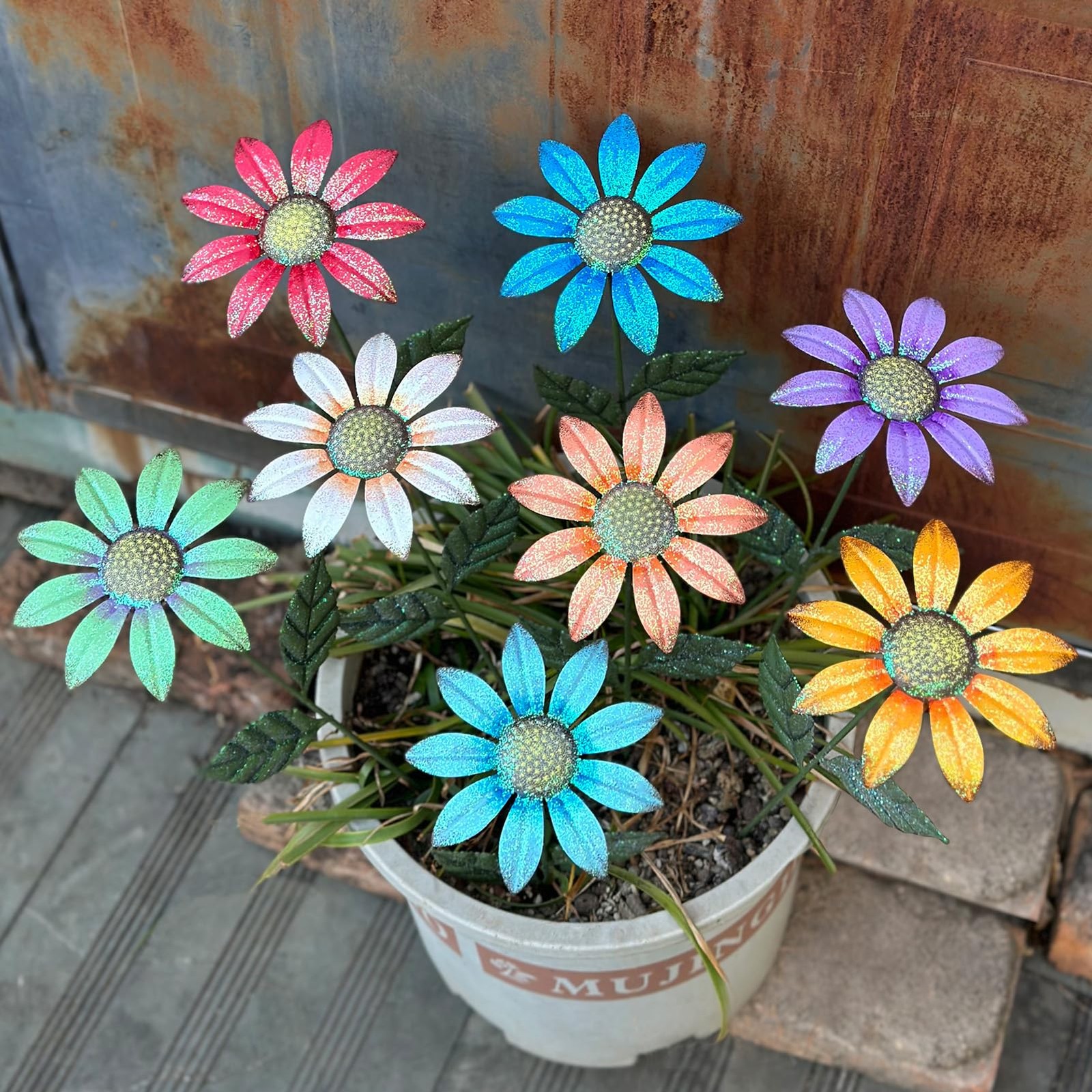 8 PCS Metal Flowers Outside 16.15 Inch Decorative Garden Stakes Yard Art Lawn