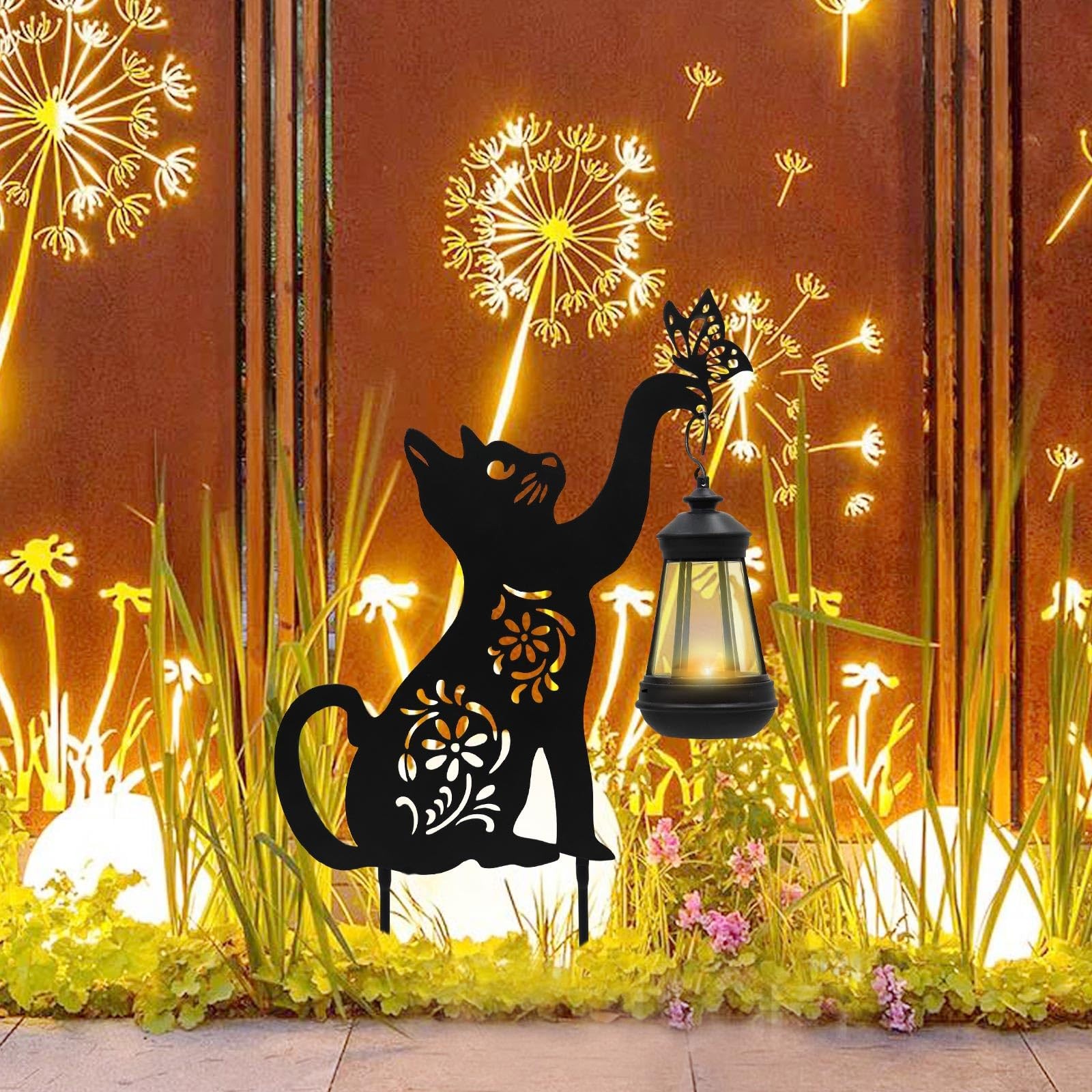 Black Cat Solar Light Outdoor Garden Decor – Metal Cat Holding Lantern Stake,…