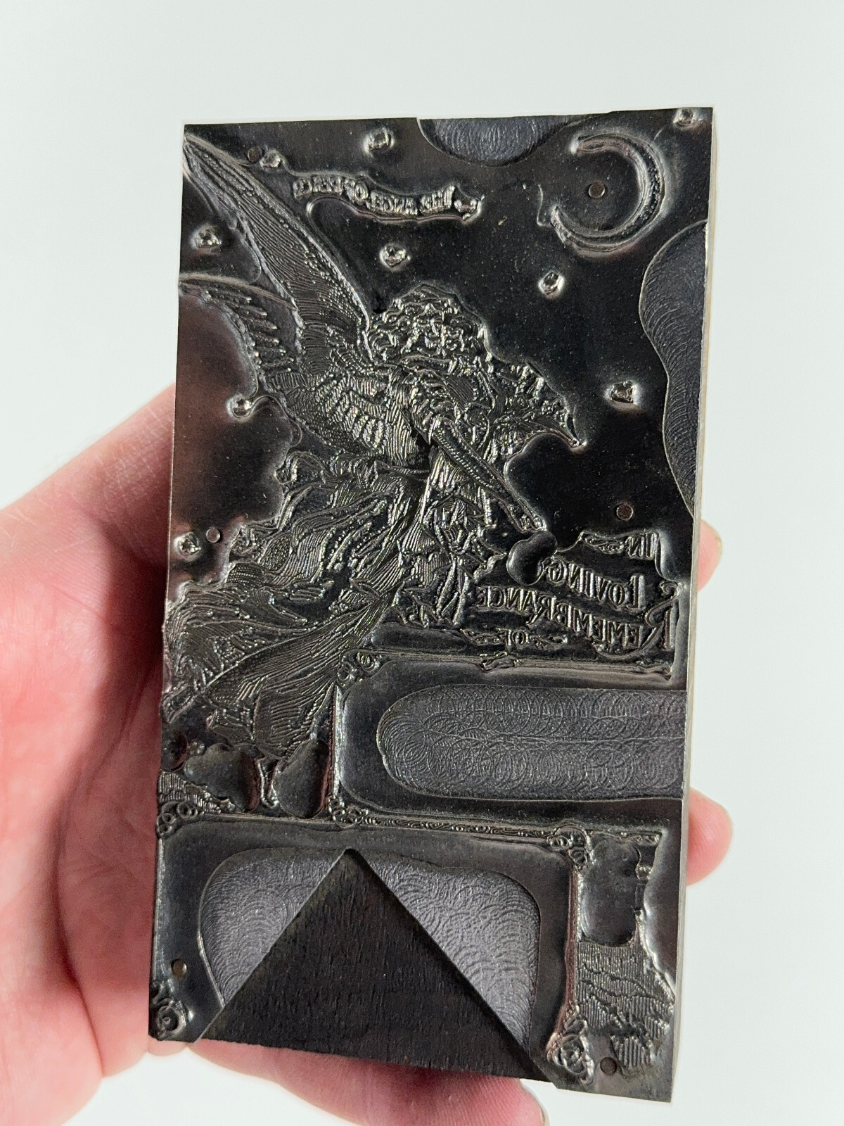 1890 H.F. Wendell Memorial Funeral Printing Plate Leipsic OH Angel Trumpet Moon