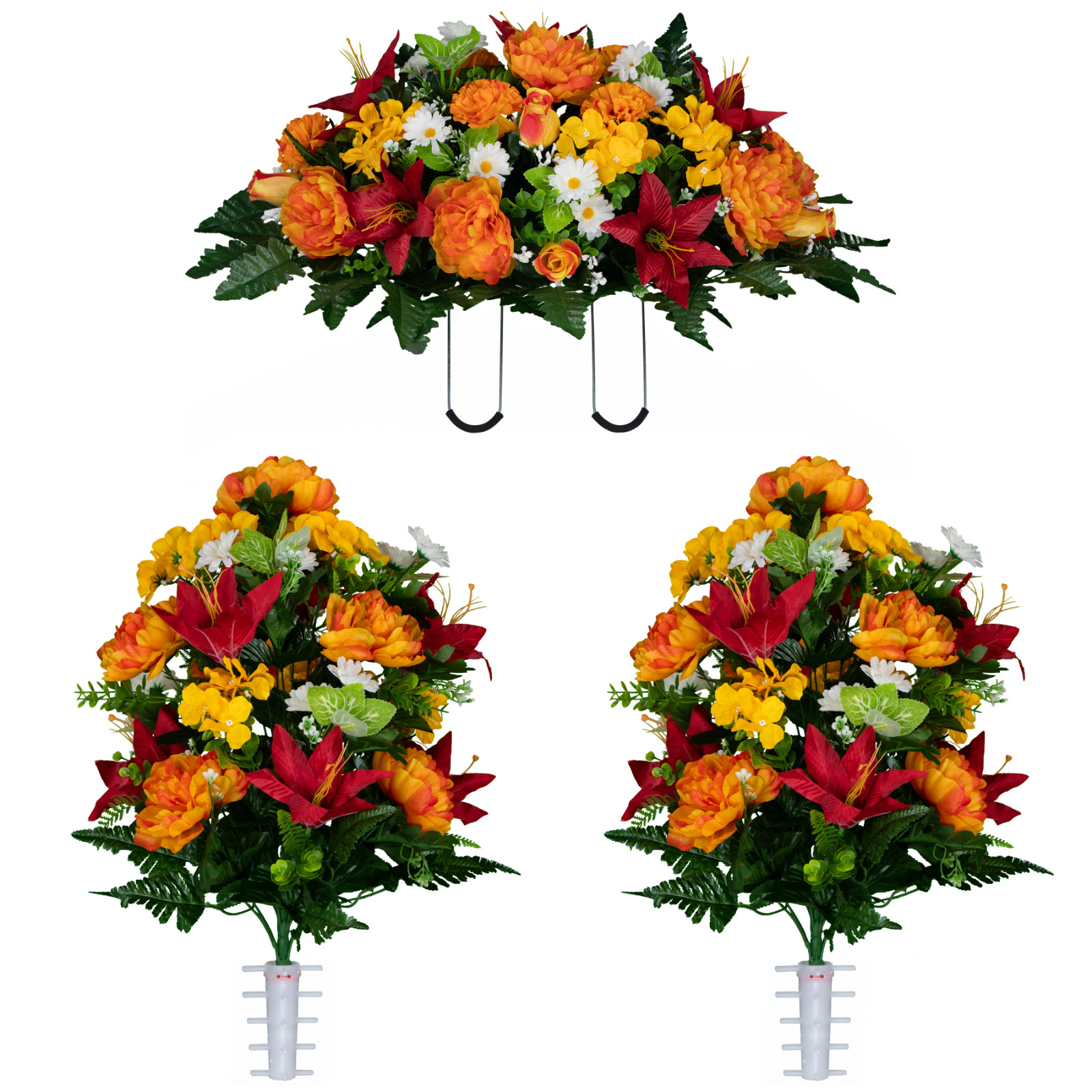 Artificial Gravesite Flowers – Red Lily and Sunrise Peony Saddle and 2 Bouquets