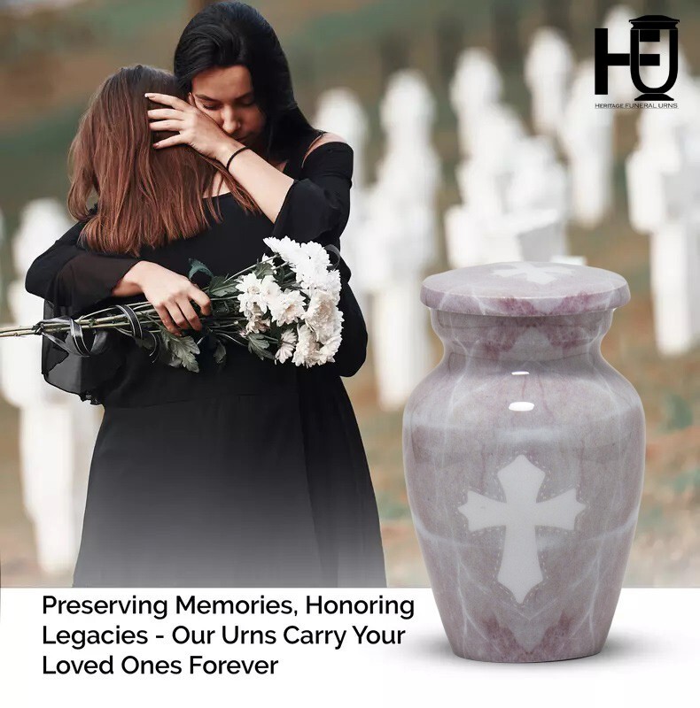 HFU-Elegant Metal Cremation Urn with Light Pink Marble Design and White Cross