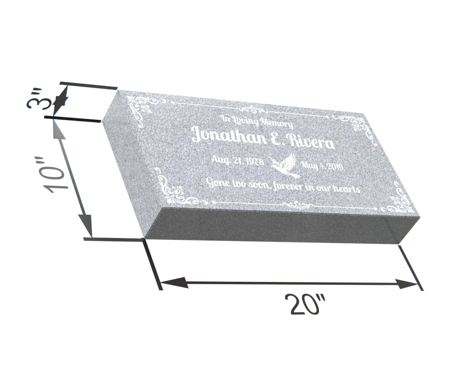 20x10x3 Gray Granite Flat Marker – Custom Engraved Cemetery Headstone
