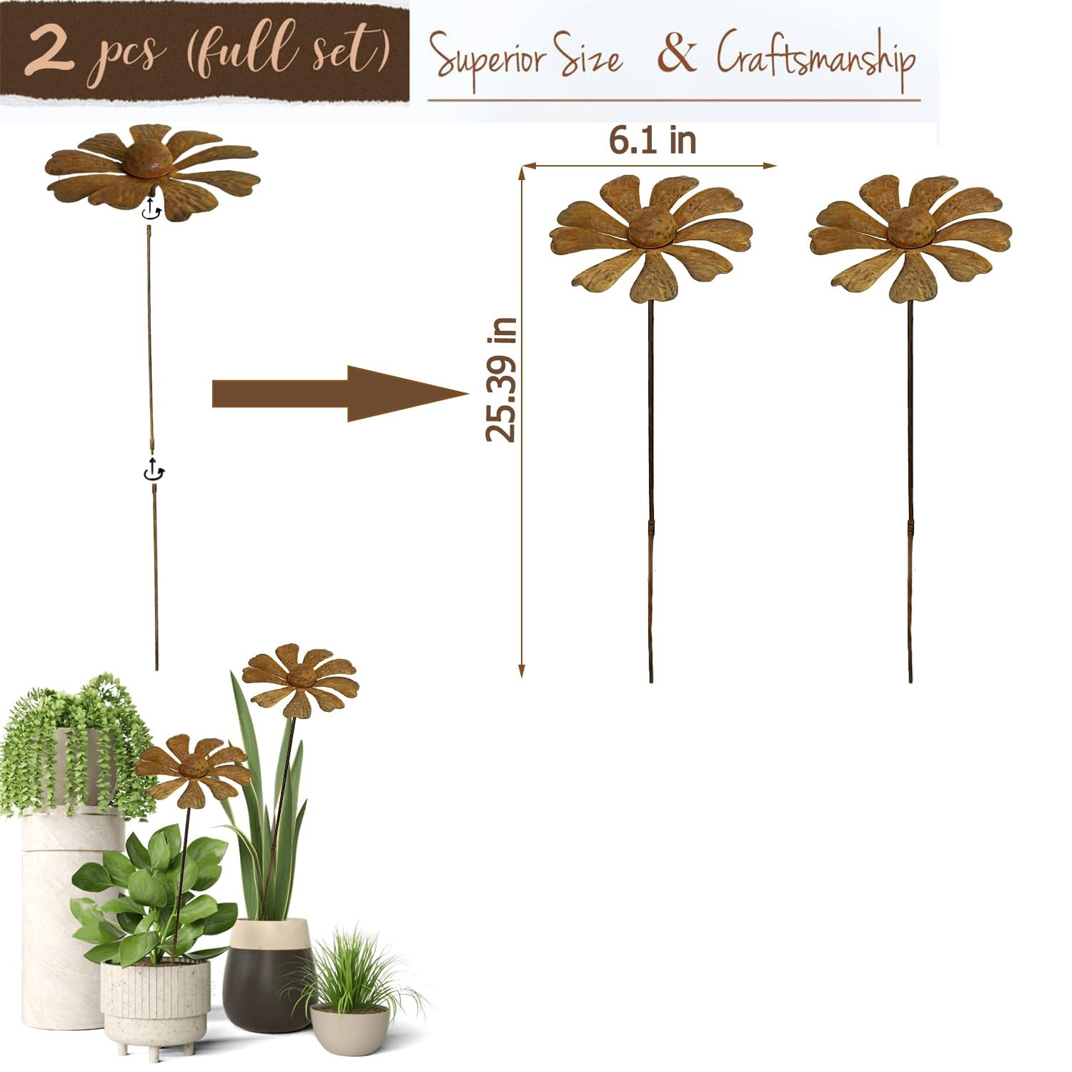 2 PCS Rustic Chamomile Garden Decor for Outside,Metal Flower Bed Decorations，…