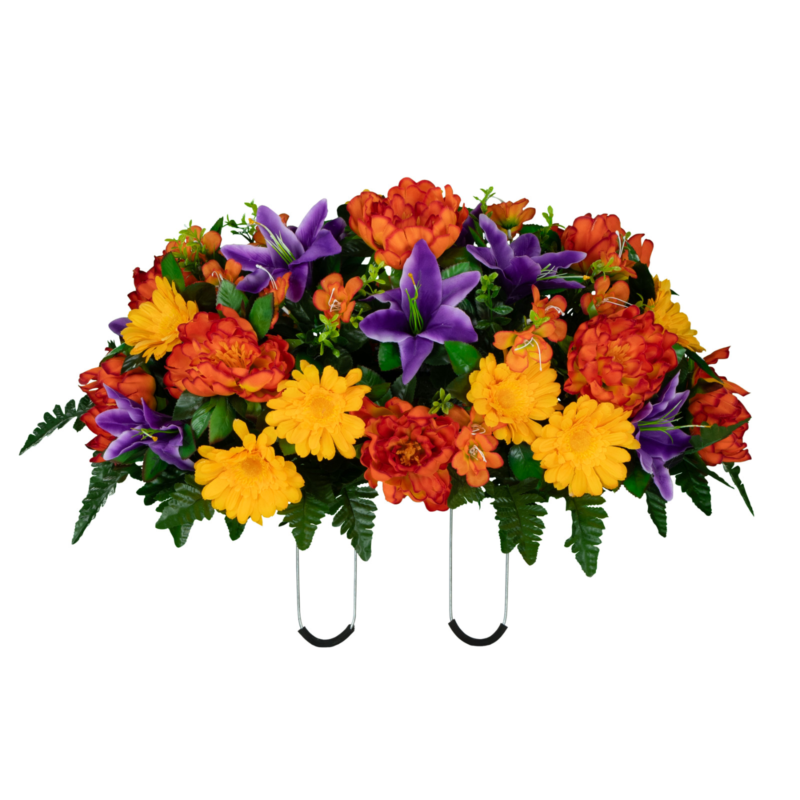 Artificial Gravesite Flowers – Orange Peonies, Purple Lilies, and Yellow Daisies
