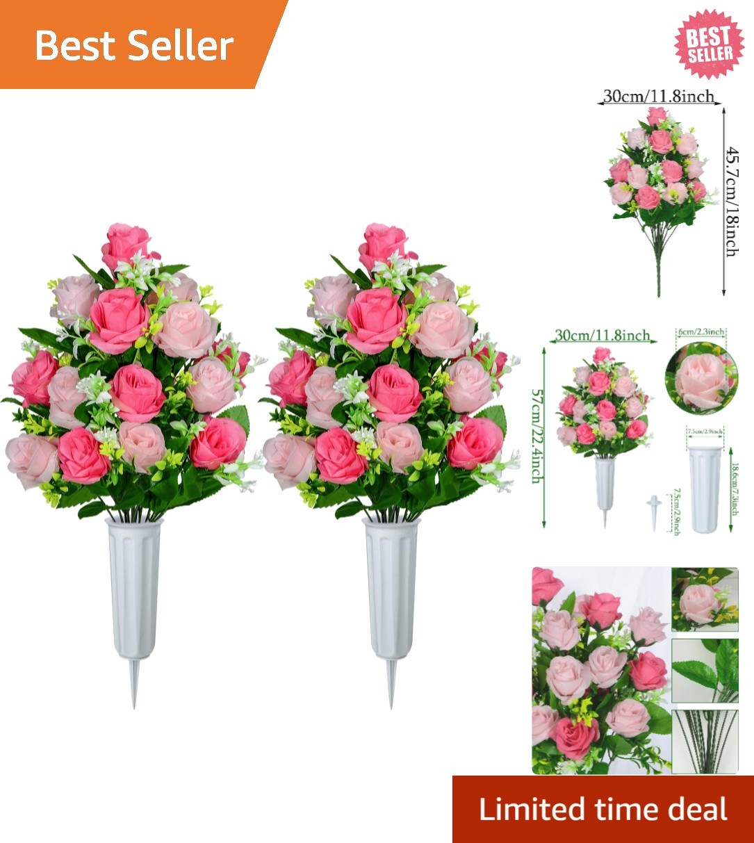 2-Piece Artificial Rose Cemetery Flower Arrangement – Sturdy Vase Included, Pink
