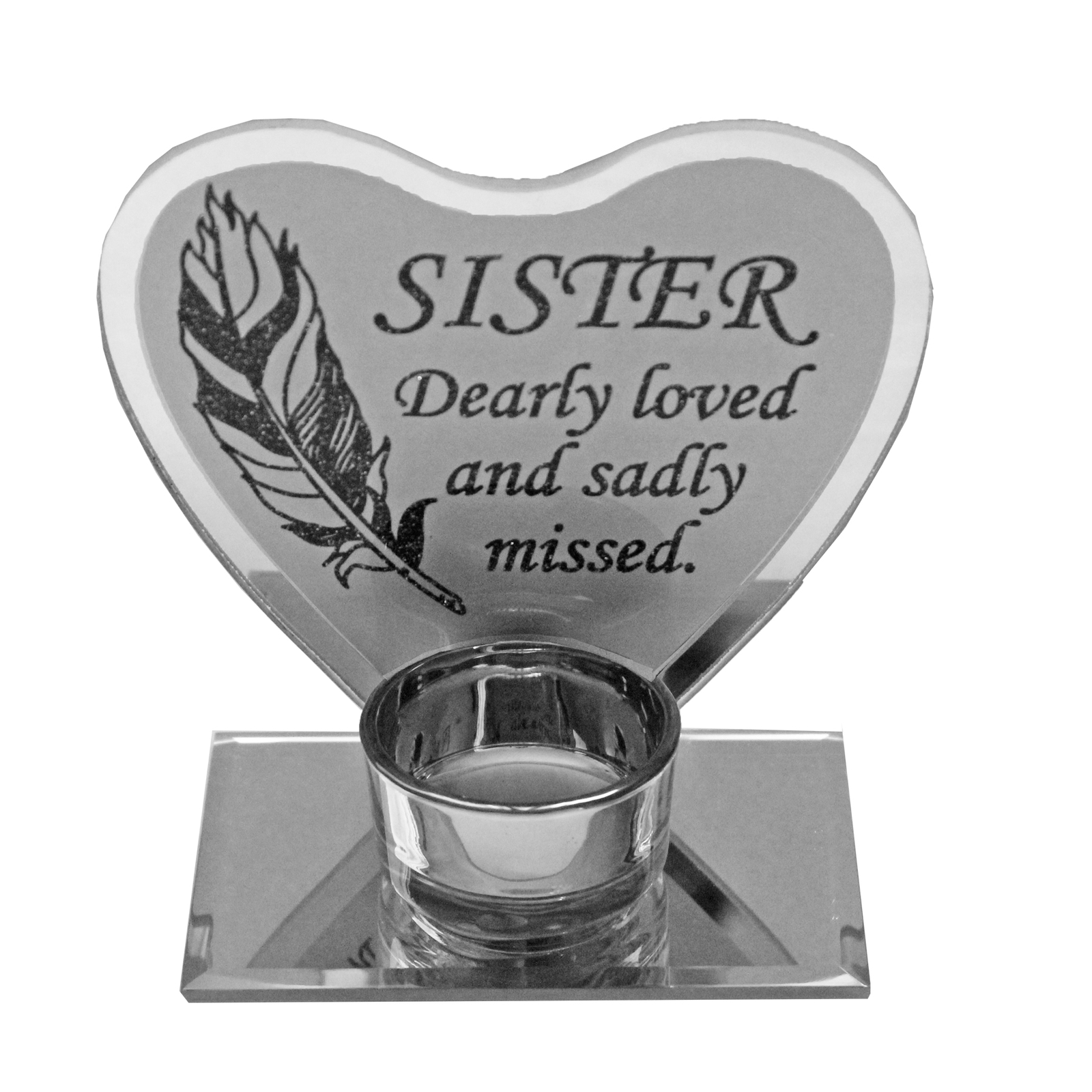 Feather Design Memorial Glass Heart Tea Light Plaque – Sister