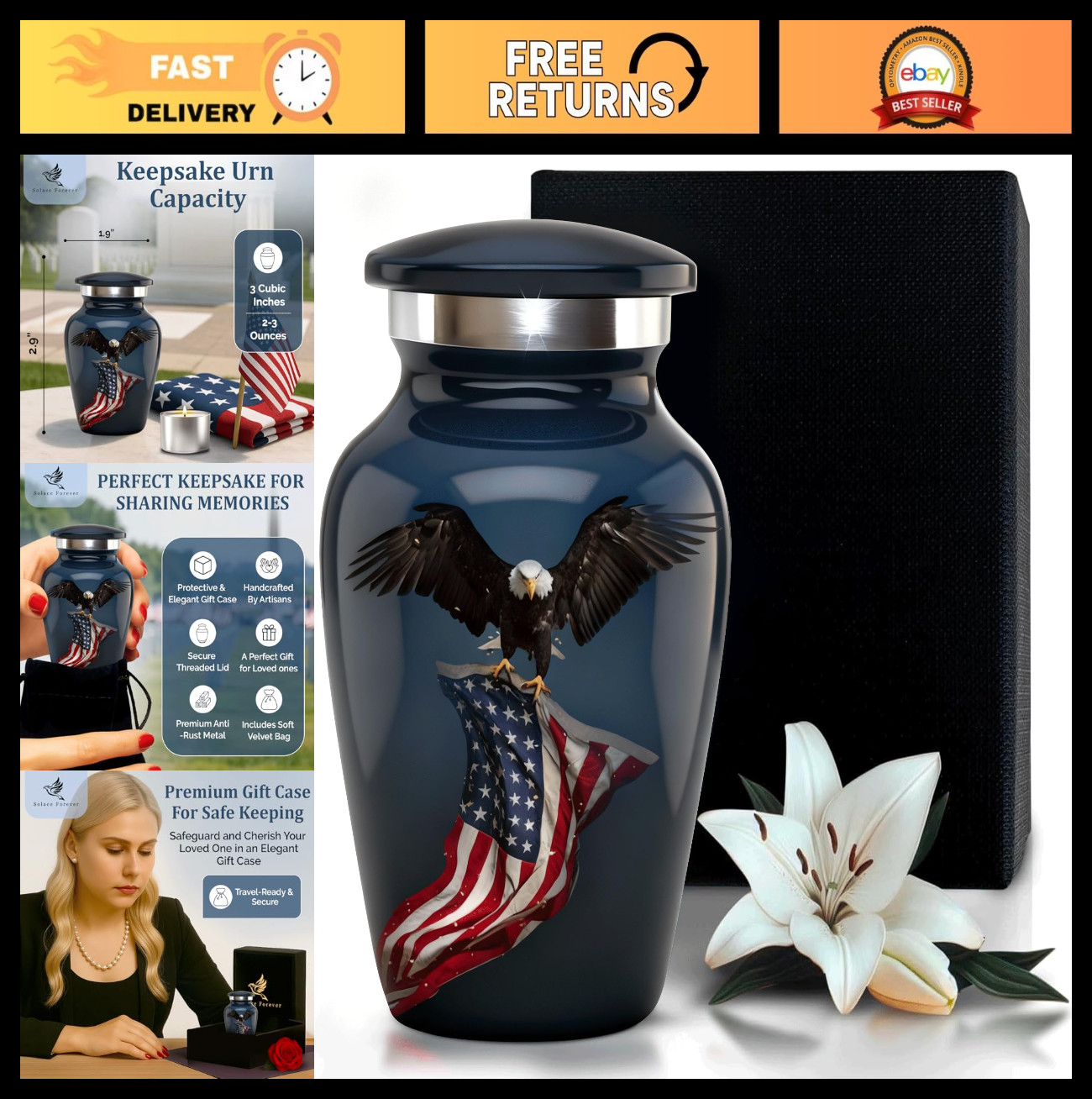 Patriotic Eagle Mini Urn for Human Ashes – Handcrafted Memorial Keepsake (Black)